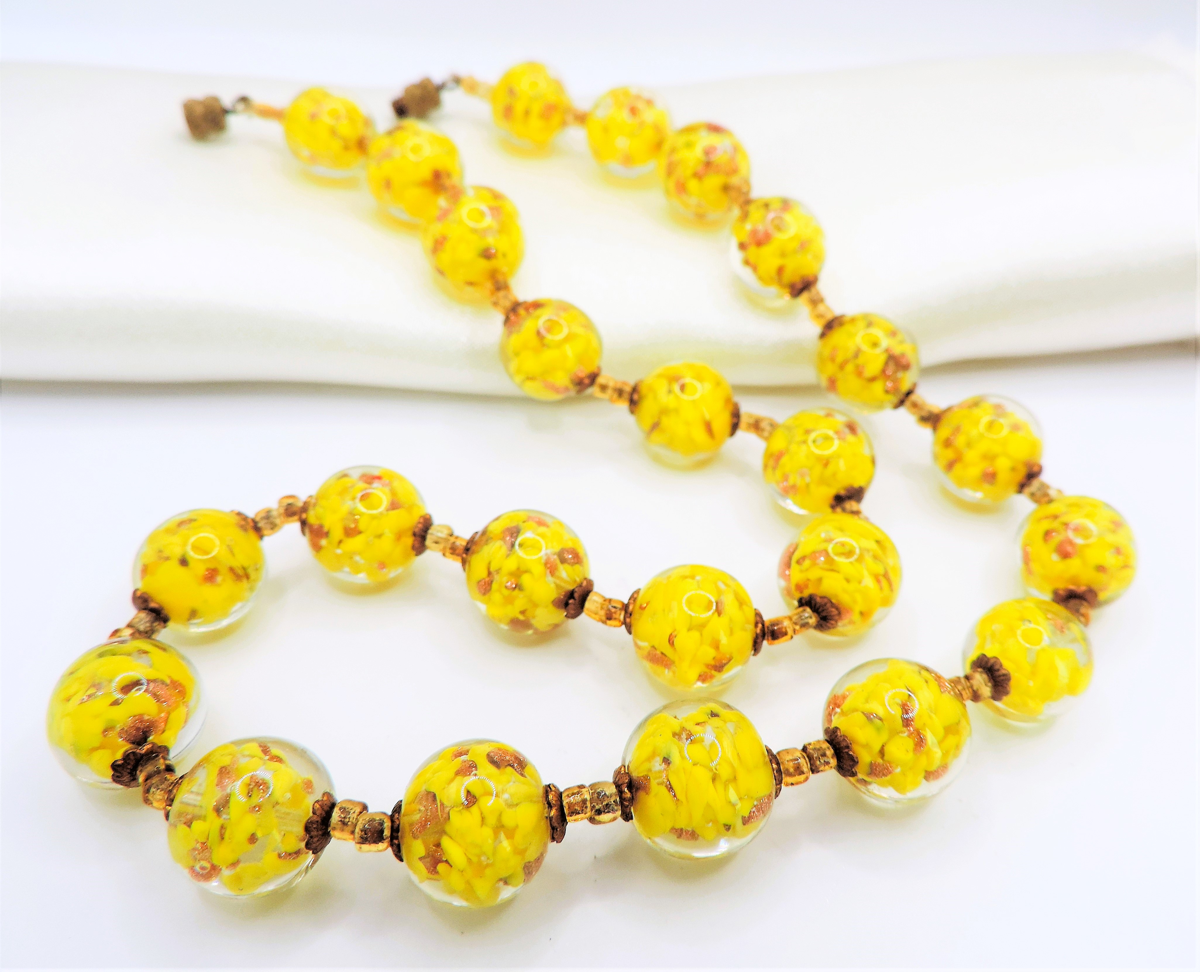 Vintage Murano Glass Bead Necklace With Gold Aventurine