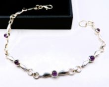 Sterling Silver Cabochon Amethyst Gemstone Bracelet With Gift Pouch