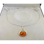 Vintage Sterling Silver Amber Pendant Necklace With Gift Box