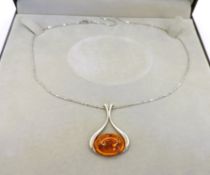 Vintage Sterling Silver Amber Pendant Necklace With Gift Box