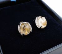 Sterling Silver Golden Rutilated Cabochon Quartz & Diamond Earrings New with Gift Pouch