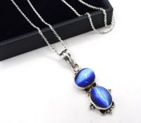 Artisan Sterling Silver Cobalt Blue Cats Eye Pendant Necklace