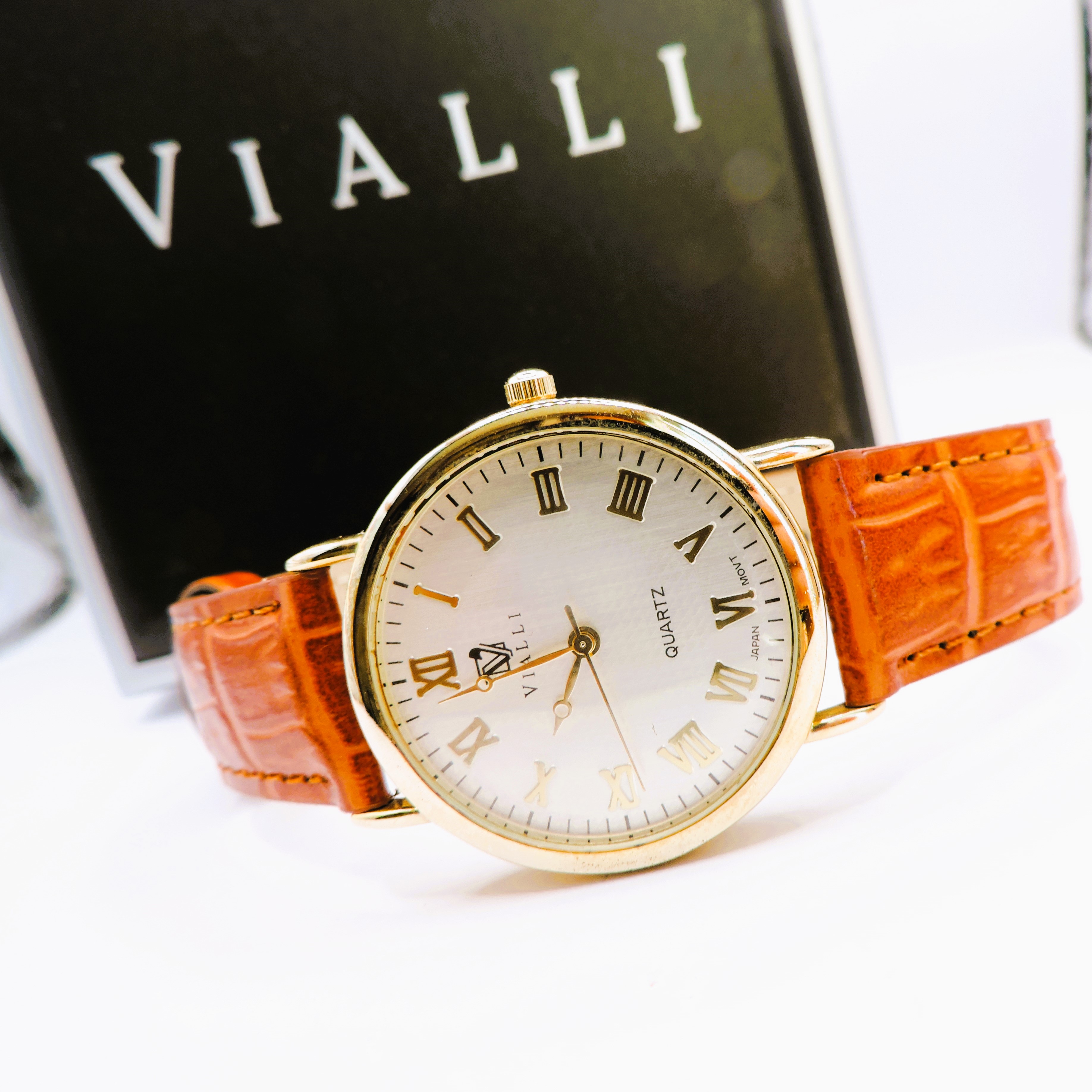 Vialli Quartz Watch Gold Plated With Leather Strap in Original Box