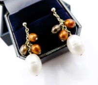 Gold on Sterling Silver Cultured Pearl Drop Earrings New with Gift Pouch