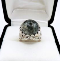 Sterling Silver Cabochon Moss Quartz Gemstone Ring New with Gift Pouch