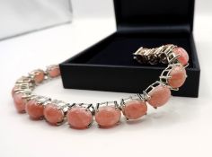 Sterling Silver Pink Cabochon Rhodochrosite Gemstone Bracelet New With Gift Box