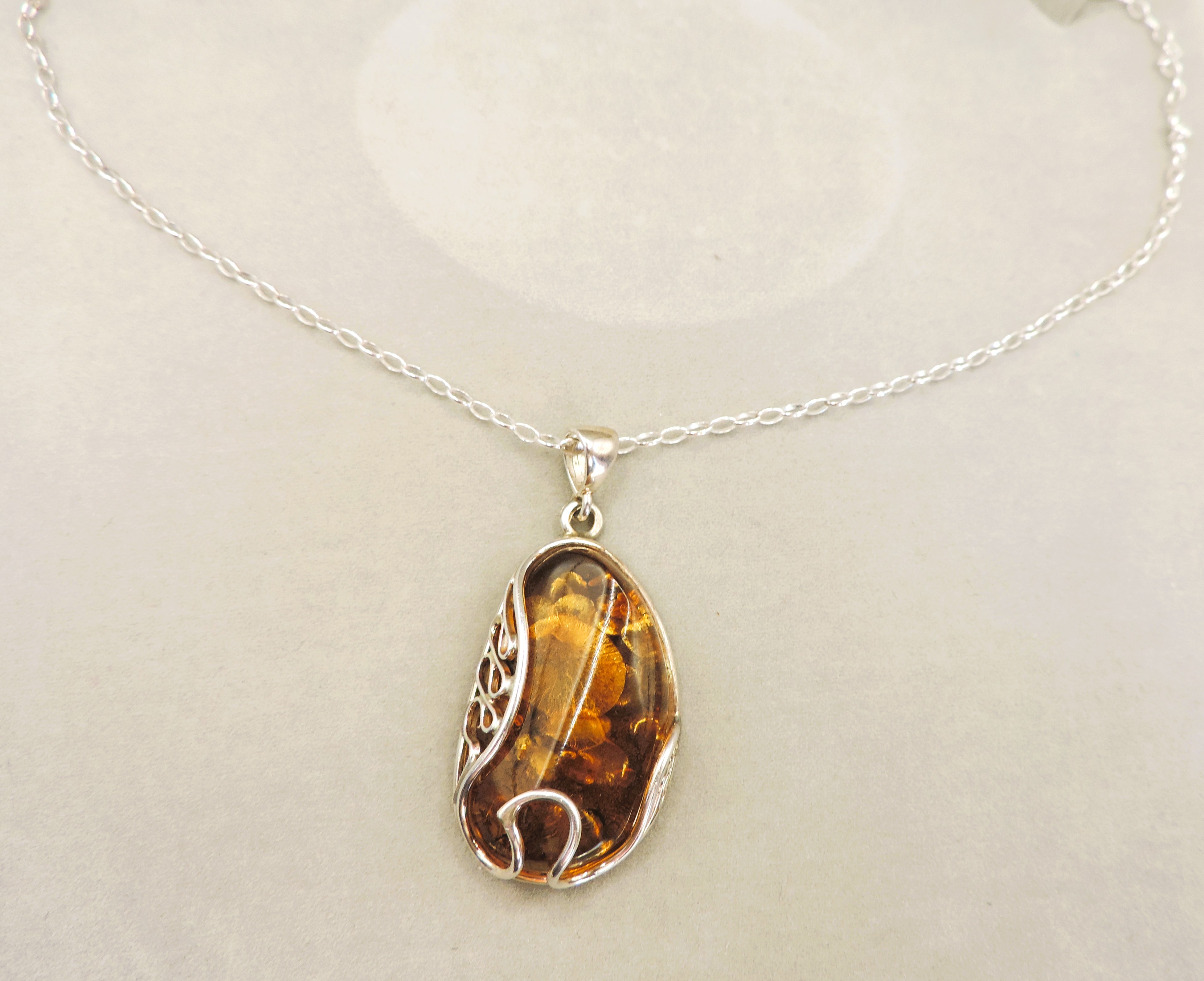 Artisan Sterling Silver Amber Pendant Necklace With Gift Box