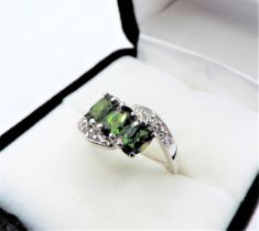 Green Diopside & White Topaz Ring Sterling Silver New with Gift Pouch