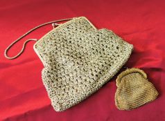 Circa 1960's Gold Metallic Crochet Evening Bag & Gold Tone Metal Purse