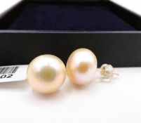 Champagne Cultured Pearl Stud Earrings 18K Gold on Sterling Silver New with Gift Pouch