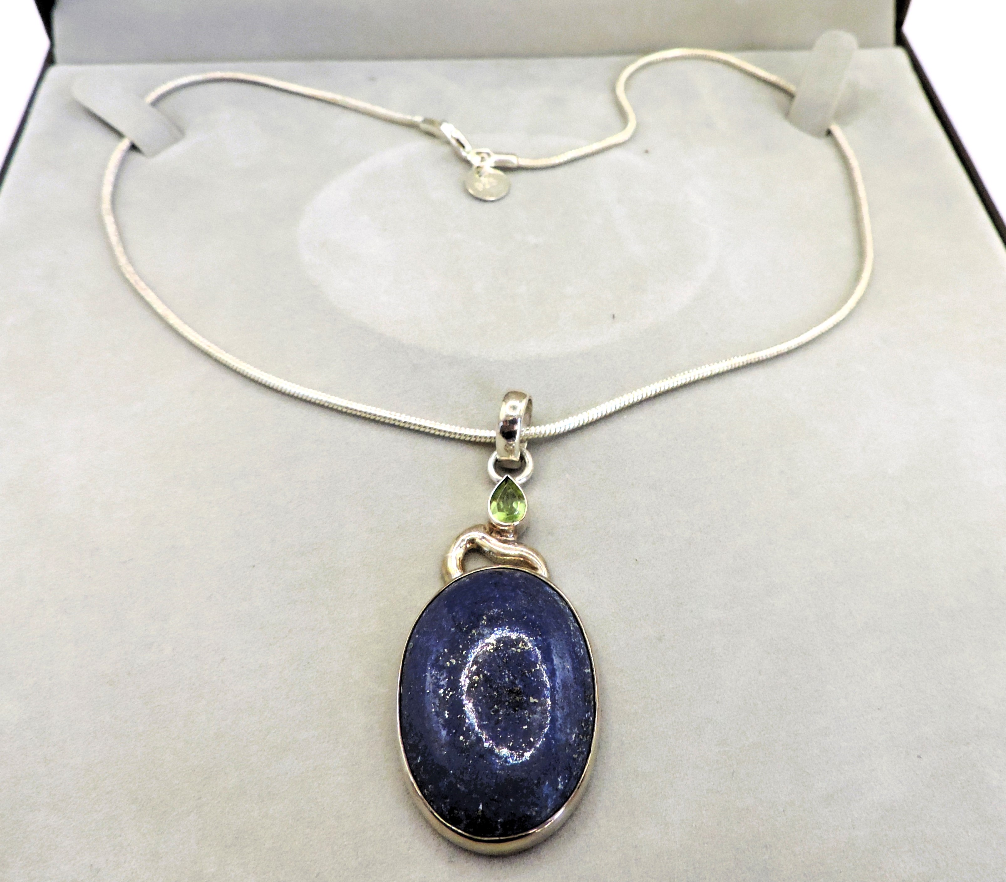 Artisan Sterling Silver Chunky Cabochon Lapis Lazuli & Peridot Necklace