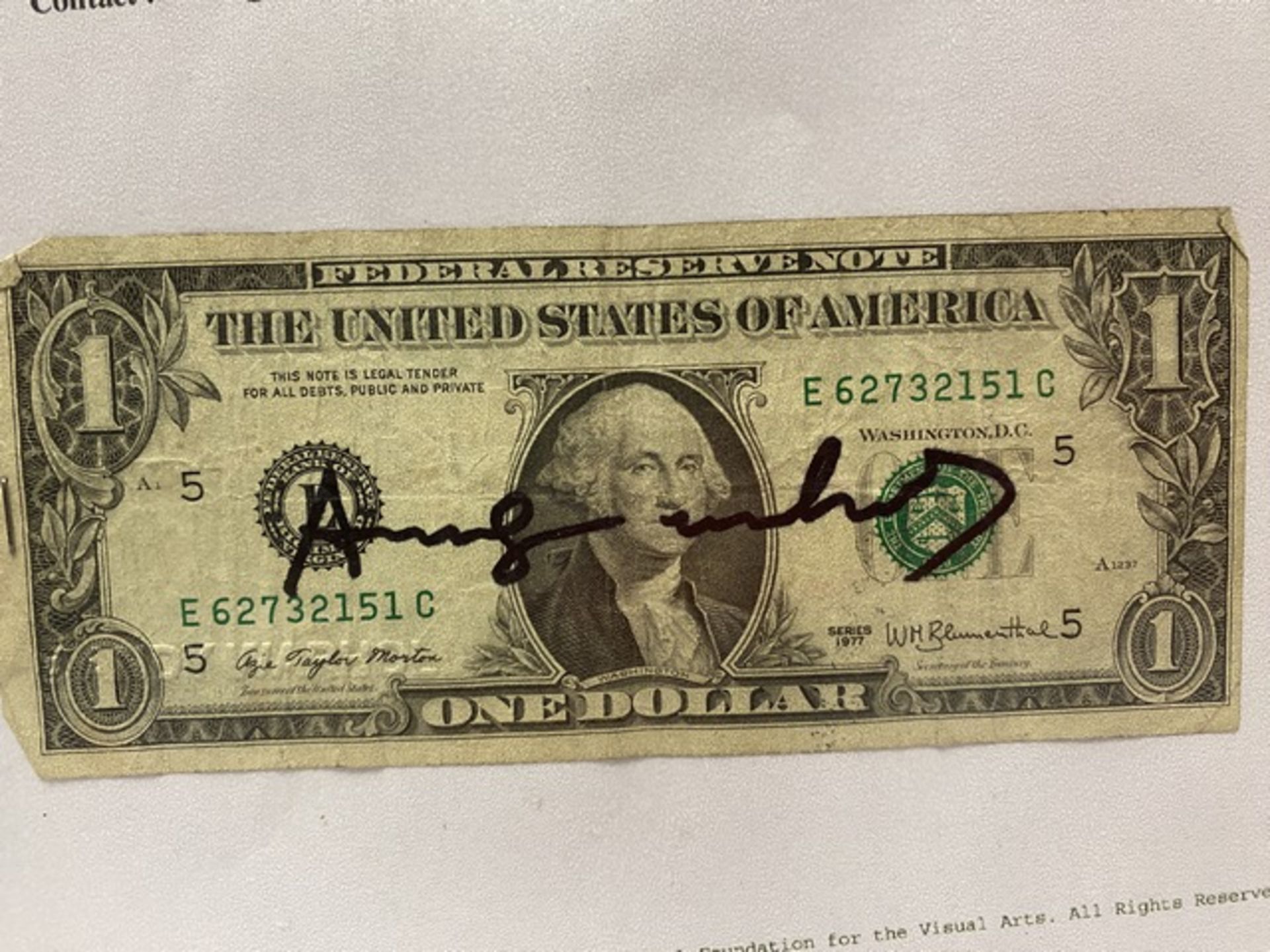 Andy Warhol Signed One Dollar Bill, Signed On The Front In Thick Black Felt Tip - Image 4 of 4