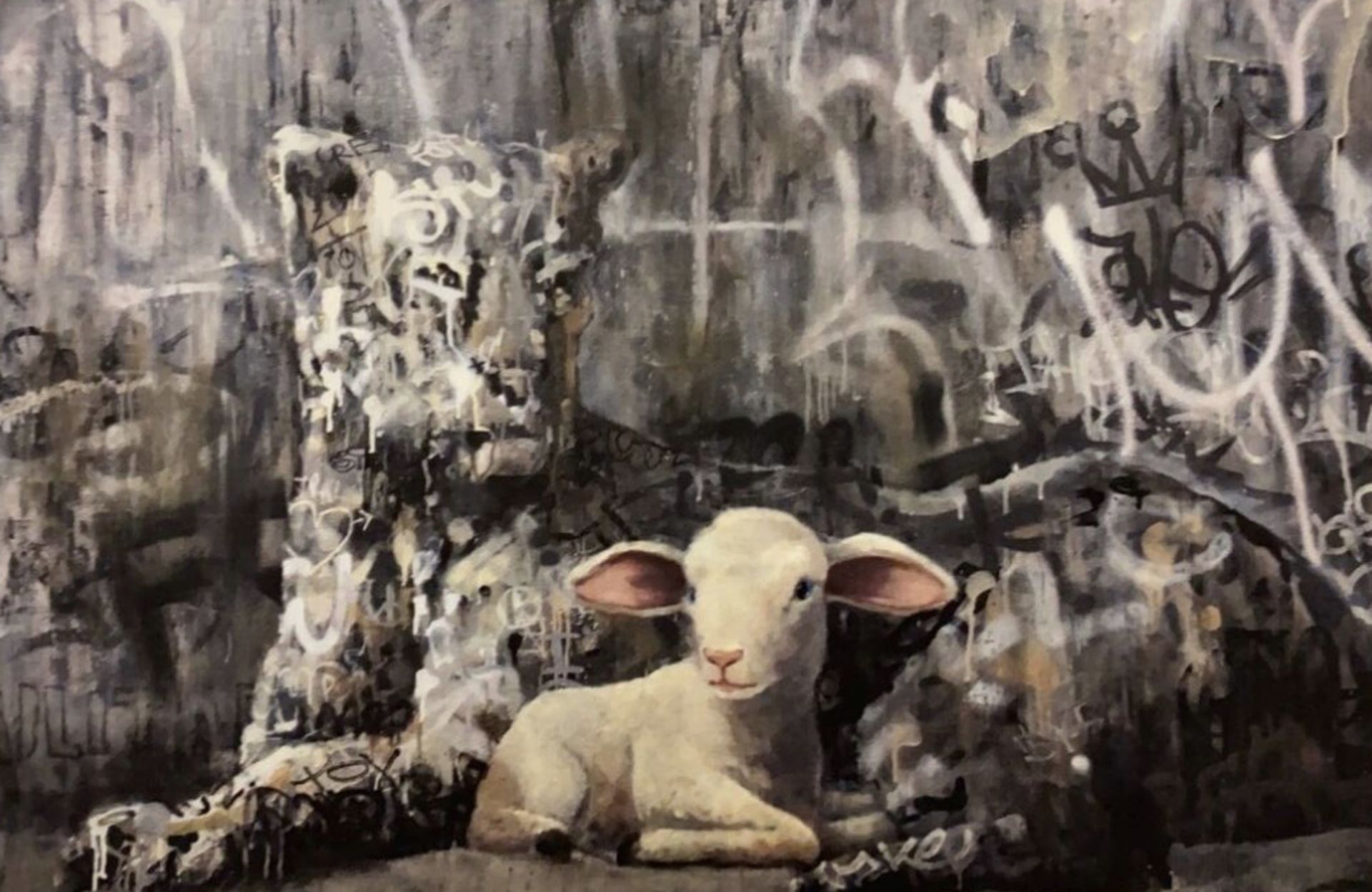 The Walled Off Hotel Gallery- Banksy,- Leopard With Sheep.