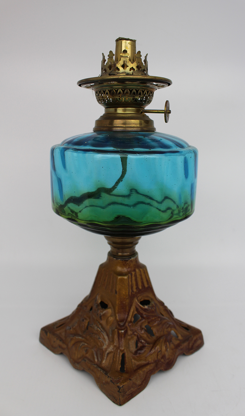 Victorian Oil Lamp with Blue Glass Font - Image 3 of 6