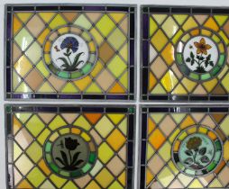 Set of 4 Vintage Leaded Stained Glass Hand Painted Panels