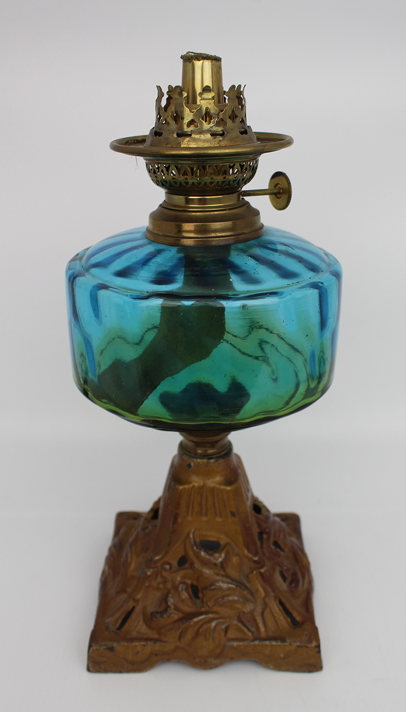 Victorian Oil Lamp with Blue Glass Font - Image 2 of 6
