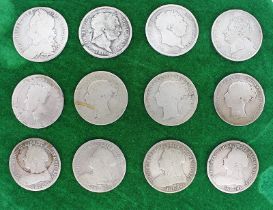 Collection of 12 One Shilling Coins 1816-1920 92.5% Ag