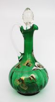 Antique Hand Painted Green Glass Claret Jug