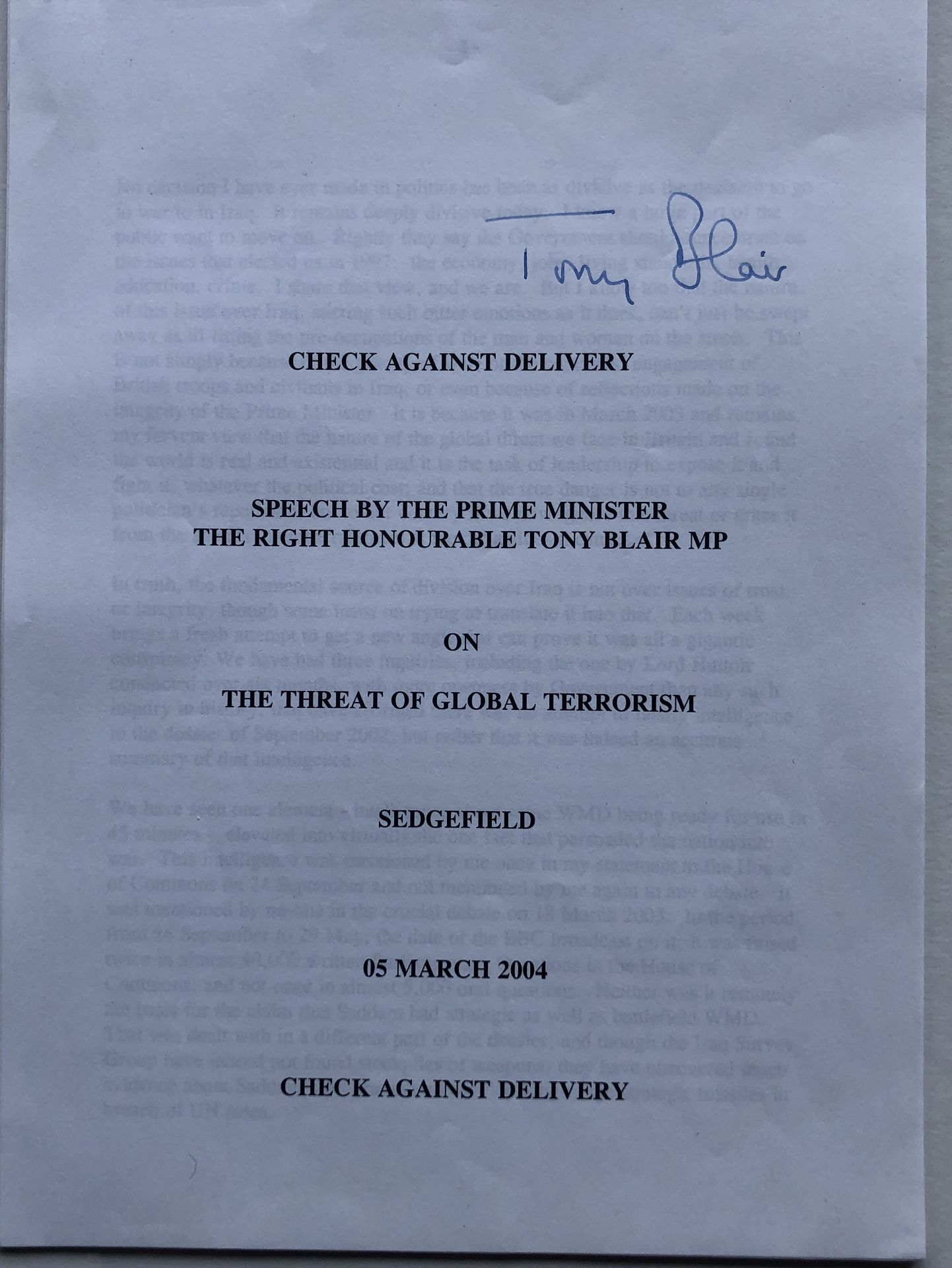 Tony Blair Original Signature.