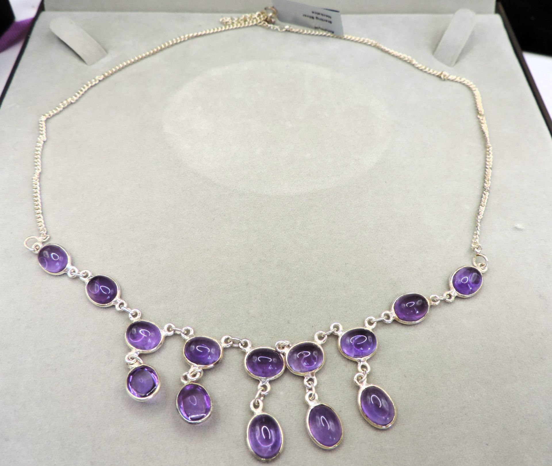 Sterling Silver Cabochon Amethyst Waterfall Necklace New with Gift Box