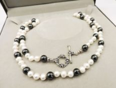 22 Inch Cultured Pearl & Hematite Bead Necklace Silver Clasp New with Gift Box