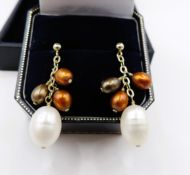 Gold on Sterling Silver Cultured Pearl Drop Earrings New with Gift Pouch