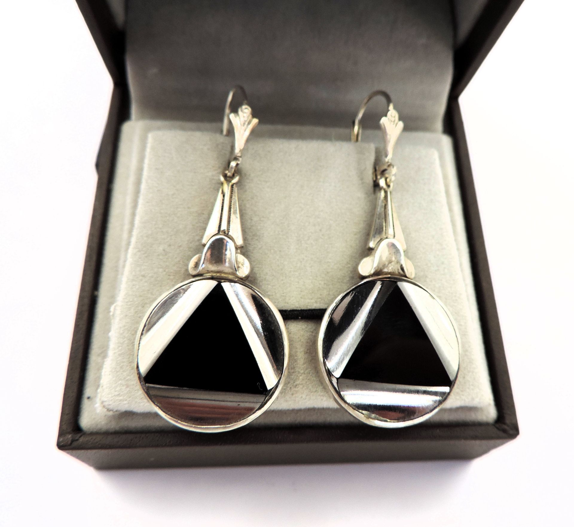 Vintage Art Deco Silver Onyx Drop Earrings