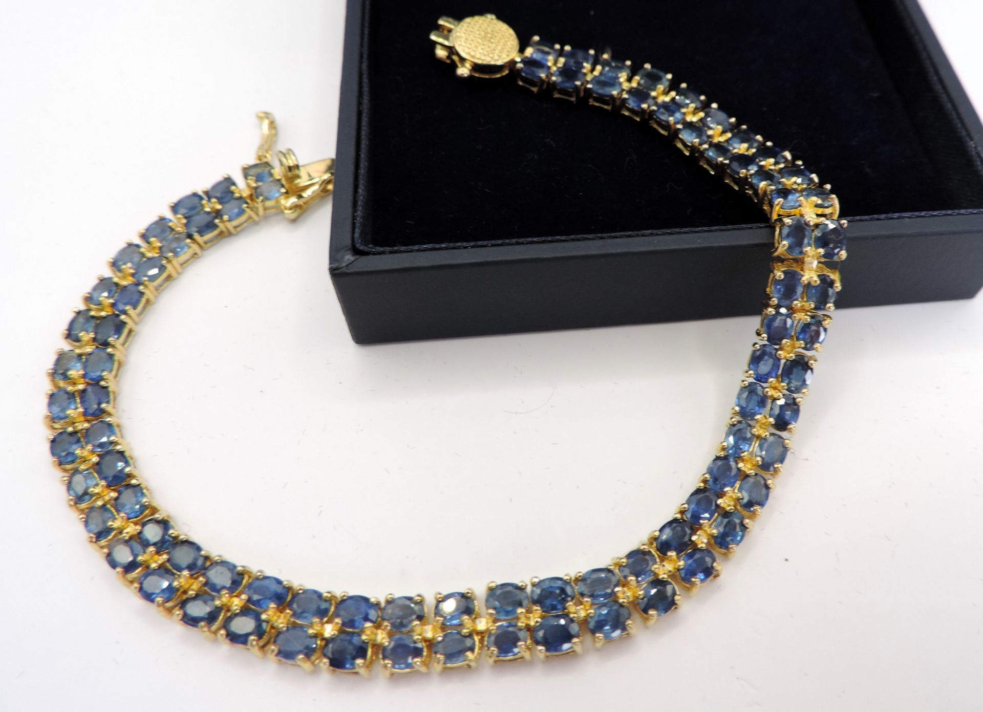 14K Gold on Sterling Silver 21.5CT Sapphire 2 Row Line Bracelet New with Gift Box - Image 5 of 5