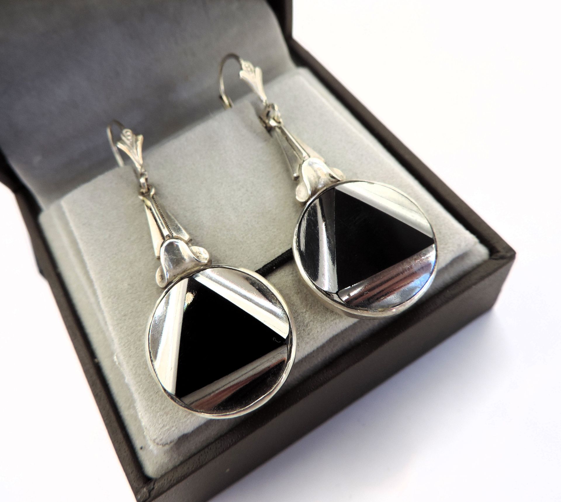 Vintage Art Deco Silver Onyx Drop Earrings - Image 2 of 5