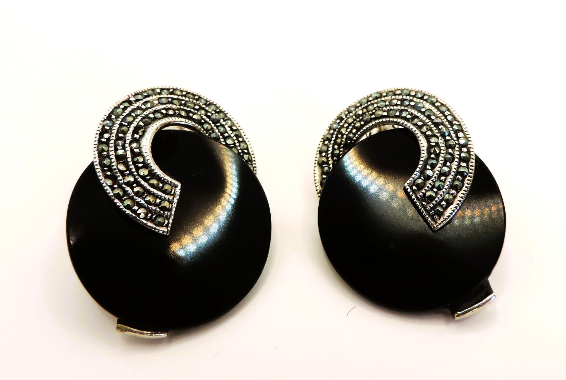 Art Deco Sterling Silver Black Onyx & Marcasite Stud Earrings - Image 2 of 3