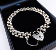 Sterling Silver Three Bar Heart Padlock Chain Bracelet 15.6 grams