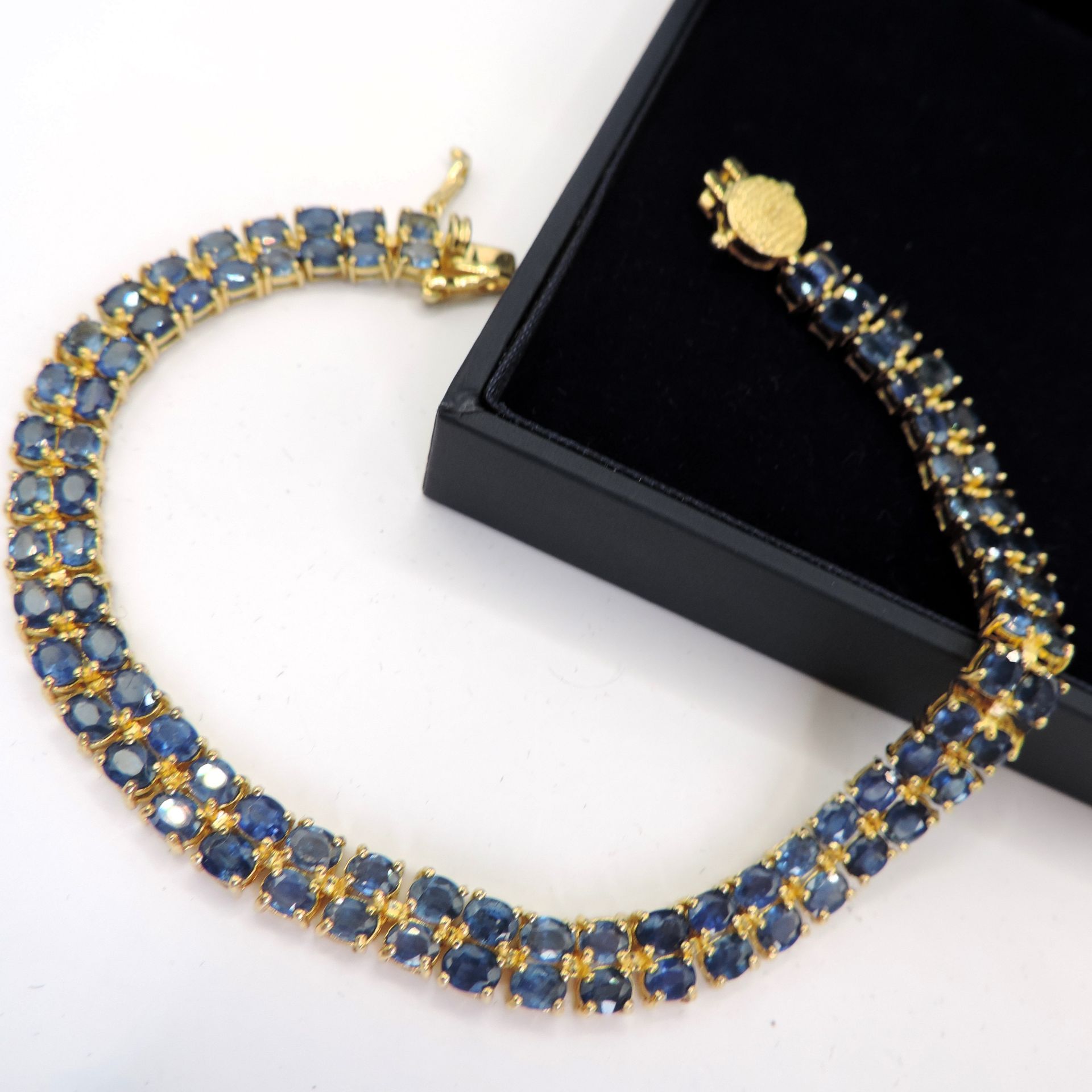 14K Gold on Sterling Silver 21.5CT Sapphire 2 Row Line Bracelet New with Gift Box - Image 3 of 5