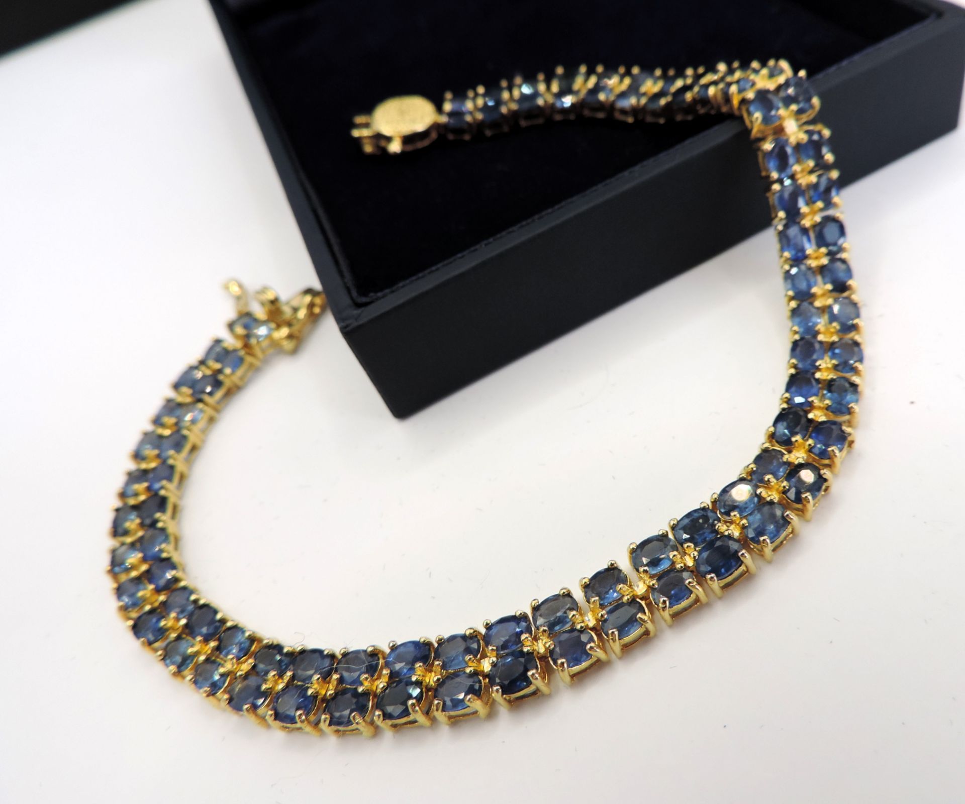 14K Gold on Sterling Silver 21.5CT Sapphire 2 Row Line Bracelet New with Gift Box - Image 2 of 5