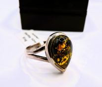 Sterling Silver Cabochon Amber Ring New with Gift Pouch