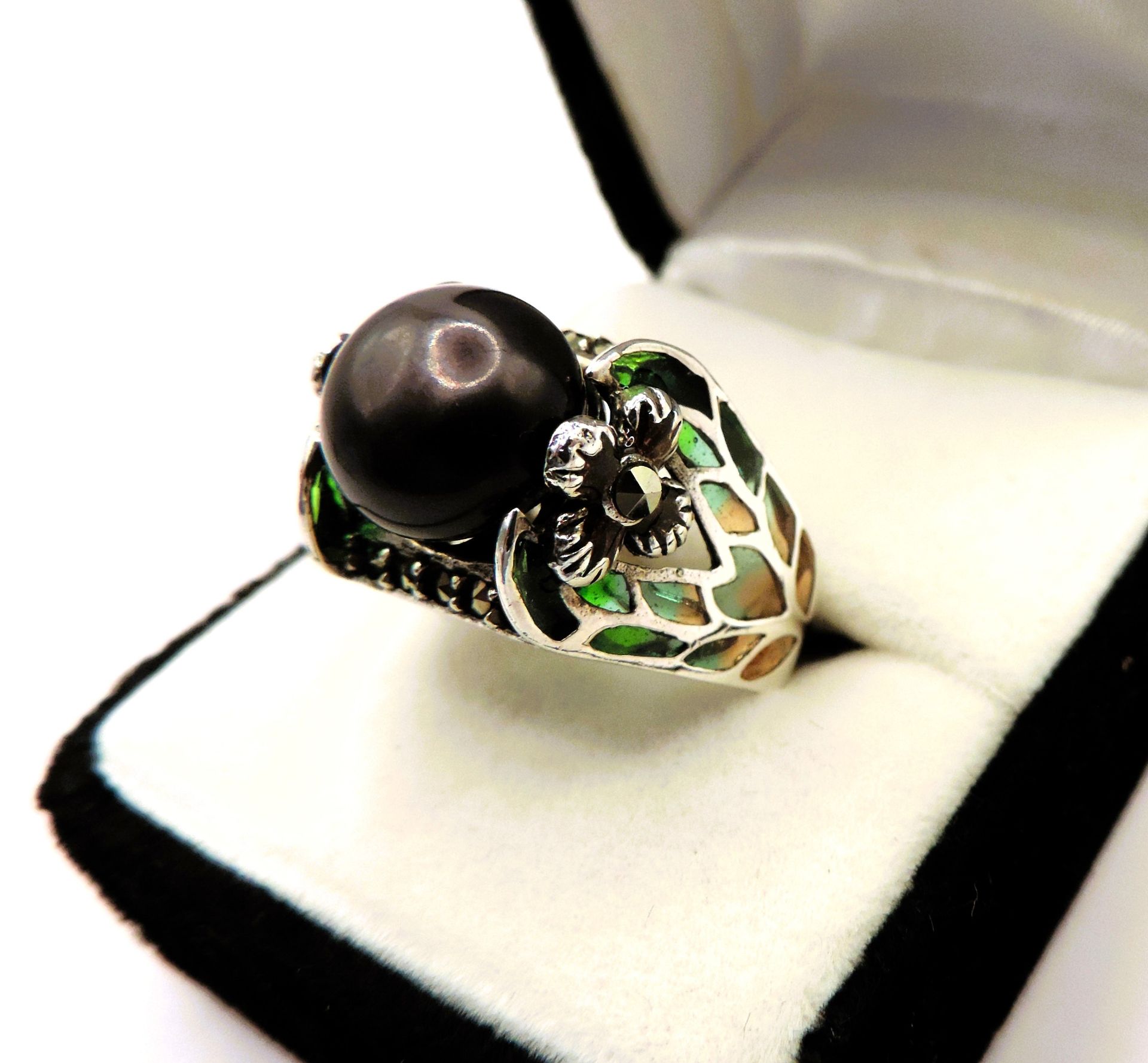 Sterling Silver Tahitian Cultured Pearl Plique-à-jour Ring New with Gift Box - Image 5 of 5