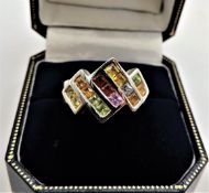 Tutti Frutti Multi Gemstone Ring Sterling Silver New with Gift Pouch