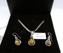 Sterling Silver Baltic Amber Necklace and Earrings Set New with Box