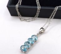 Sterling Silver Blue Topaz Pendant Necklace New with Gift Pouch