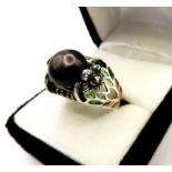 Sterling Silver Tahitian Cultured Pearl Plique-à-jour Ring New with Gift Box