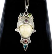 Art Deco Sterling Silver Multi Gemstone Pendant Necklace with Gift Box