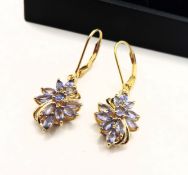 18K Gold on Sterling Silver Tanzanite Drop Earrings New with Gift Pouch