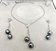 Sterling Silver Cultured Peal Necklace and Earring Set New with Gift Box