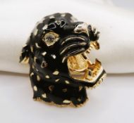 Large Vintage Gold Plated Black Enamel Panther Head Brooch with Gift Pouch