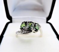 Green Diopside & White Topaz Ring Sterling Silver New with Gift Pouch