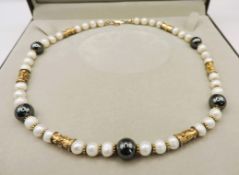 Gold on Silver Cultured Pearl & Bead Necklace with Gift Box