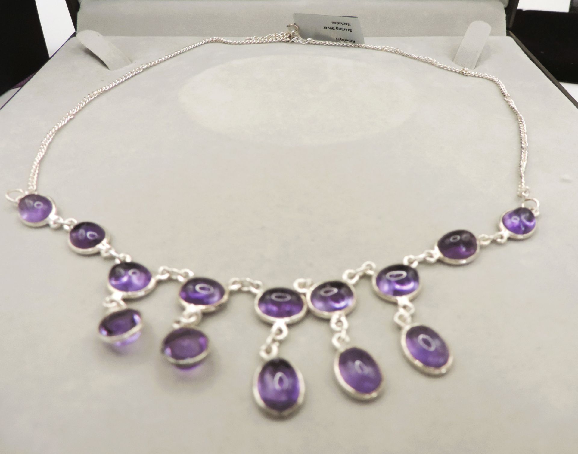 Sterling Silver Cabochon Amethyst Waterfall Necklace New with Gift Box - Image 2 of 3