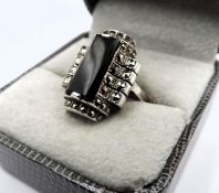 Art Deco Sterling Silver Black Onyx & Marcasite Ring