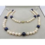 Cultured Pearl Lapis Lazuli Gold Bead Necklace 14K Gold Clasp