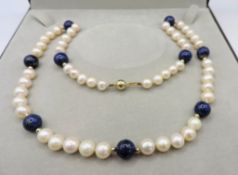 Cultured Pearl Lapis Lazuli Gold Bead Necklace 14K Gold Clasp