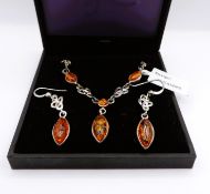 Sterling Silver Baltic Amber Necklace & Earrings Set New with Gift Box